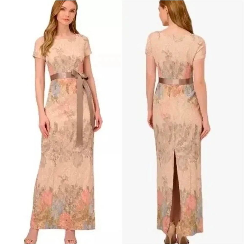 Adrianna Papell Matelasse Floral Column Gown Size 14P Blush Multi Textured Maxi